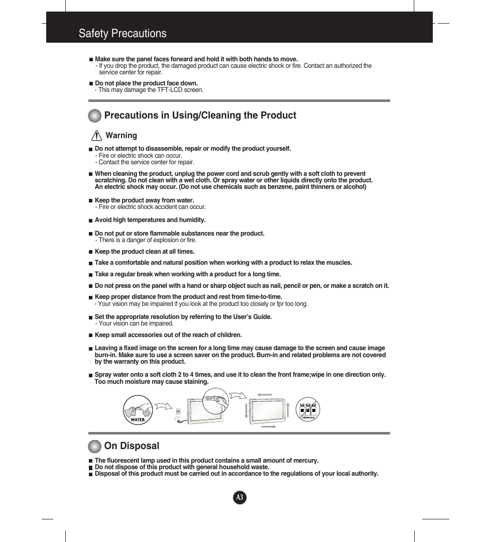 Precautions in using/cleaning the product, On disposal, Safety precautions | LG W2053TX-PF User Manual | Page 4 / 28