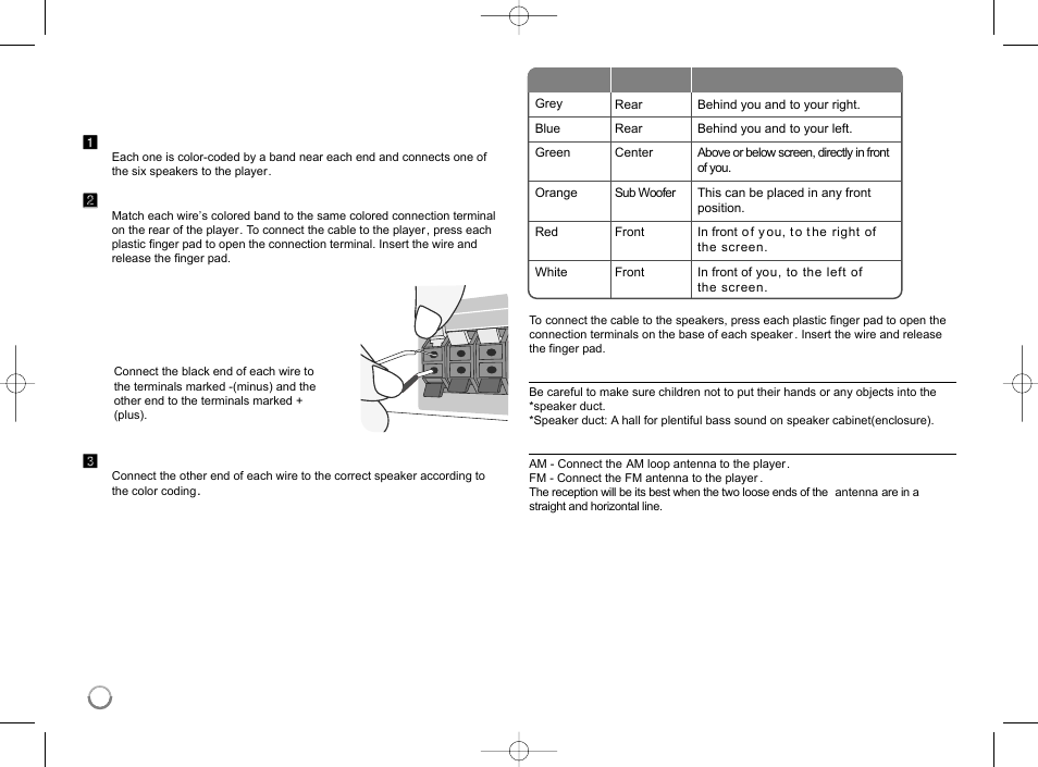 Speaker connection, Attaching the speakers to the player | LG LHB953 User Manual | Page 12 / 65