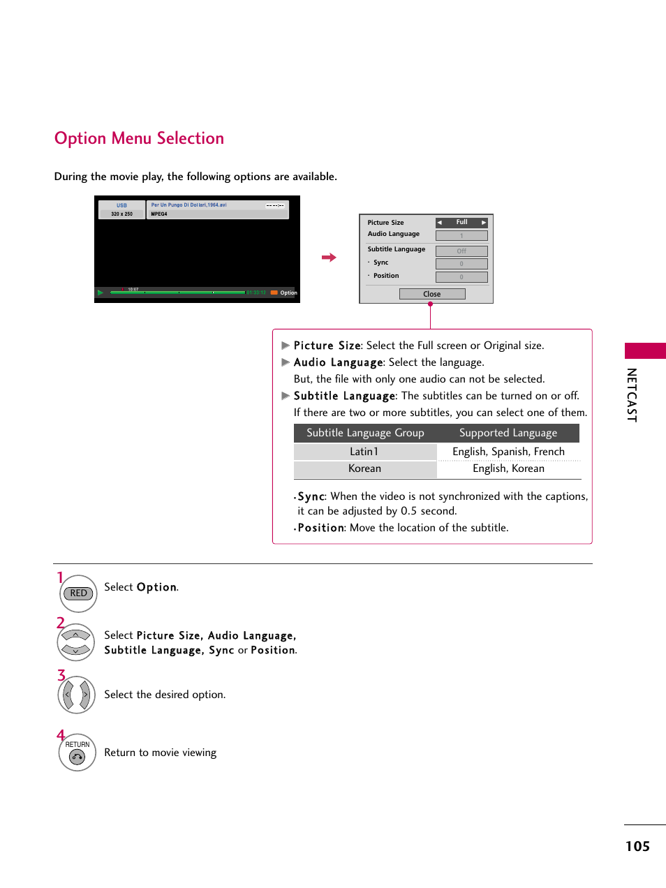 Option menu selection, Netcas t | LG 47LH50 User Manual | Page 105 / 194