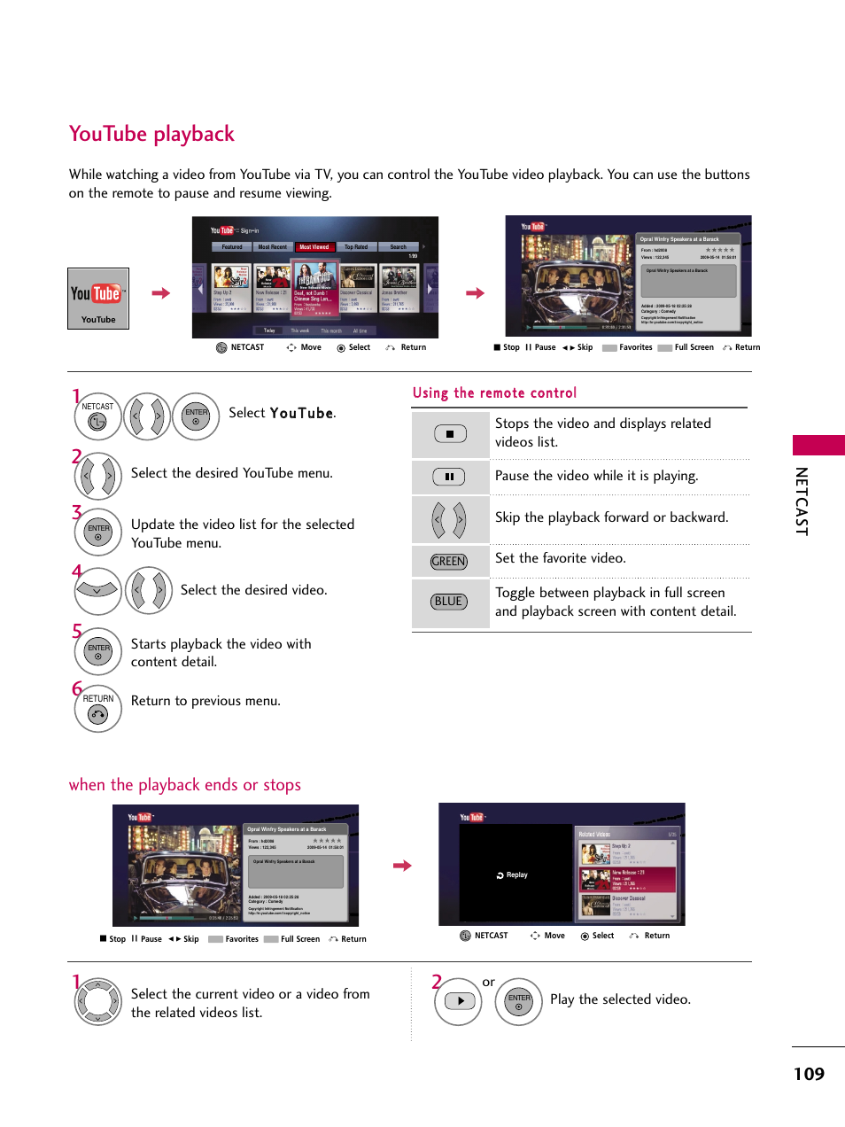 Youtube playback, When the playback ends or stops, Netcas t | Return to previous menu, Starts playback the video with content detail, Select the desired youtube menu, Select y yo ouut tuub bee, Play the selected video. or, Select the desired video | LG 47LH50 User Manual | Page 109 / 194