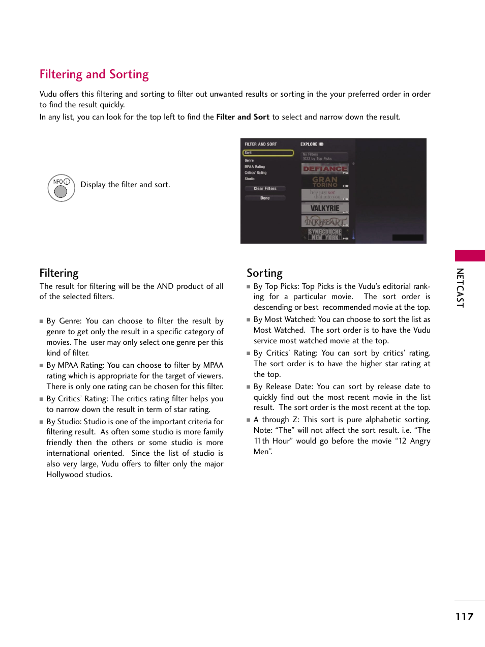 Filtering and sorting, Filtering, Sorting | Netcas t | LG 47LH50 User Manual | Page 117 / 194