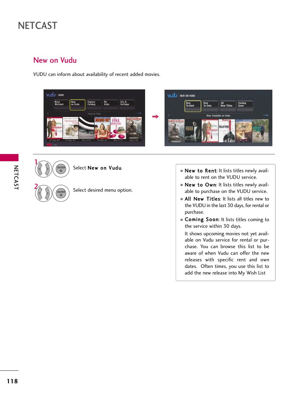 New on vudu, Netcast | LG 47LH50 User Manual | Page 118 / 194