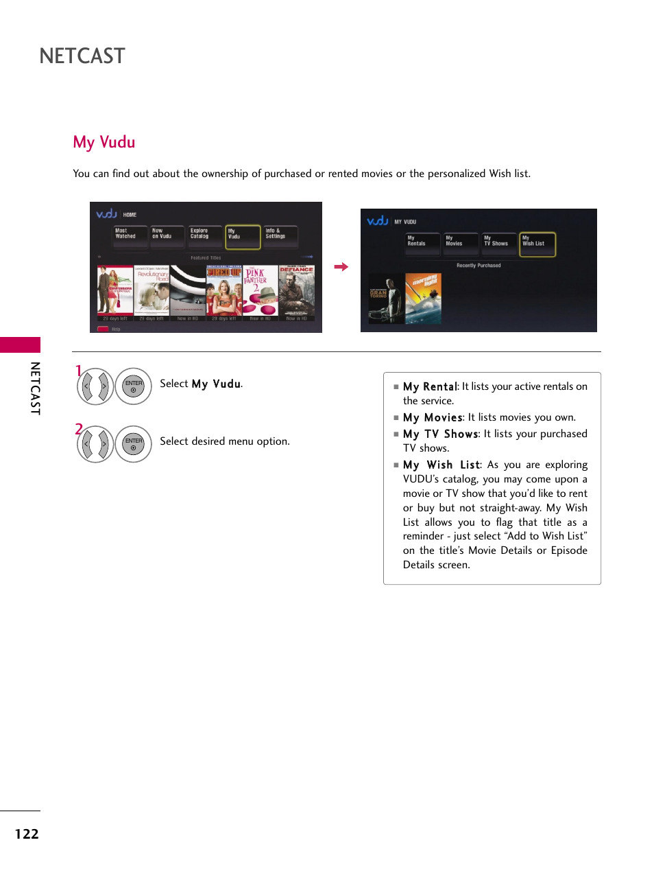 My vudu, Netcast | LG 47LH50 User Manual | Page 122 / 194