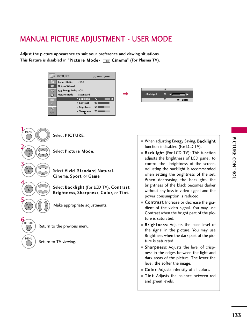 Manual picture adjustment - user mode, Picture contr ol | LG 47LH50 User Manual | Page 133 / 194