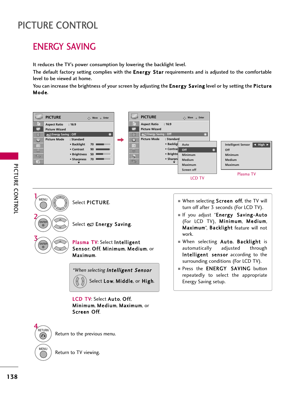 Energy saving, Picture control, Picture contr ol | LG 47LH50 User Manual | Page 138 / 194