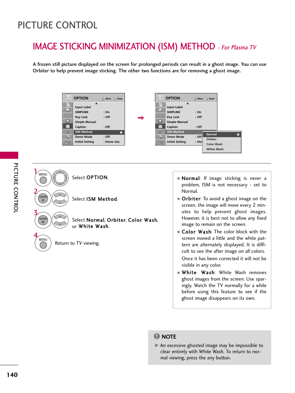 Image sticking minimization (ism) method, Picture control, For plasma tv | Picture contr ol | LG 47LH50 User Manual | Page 140 / 194