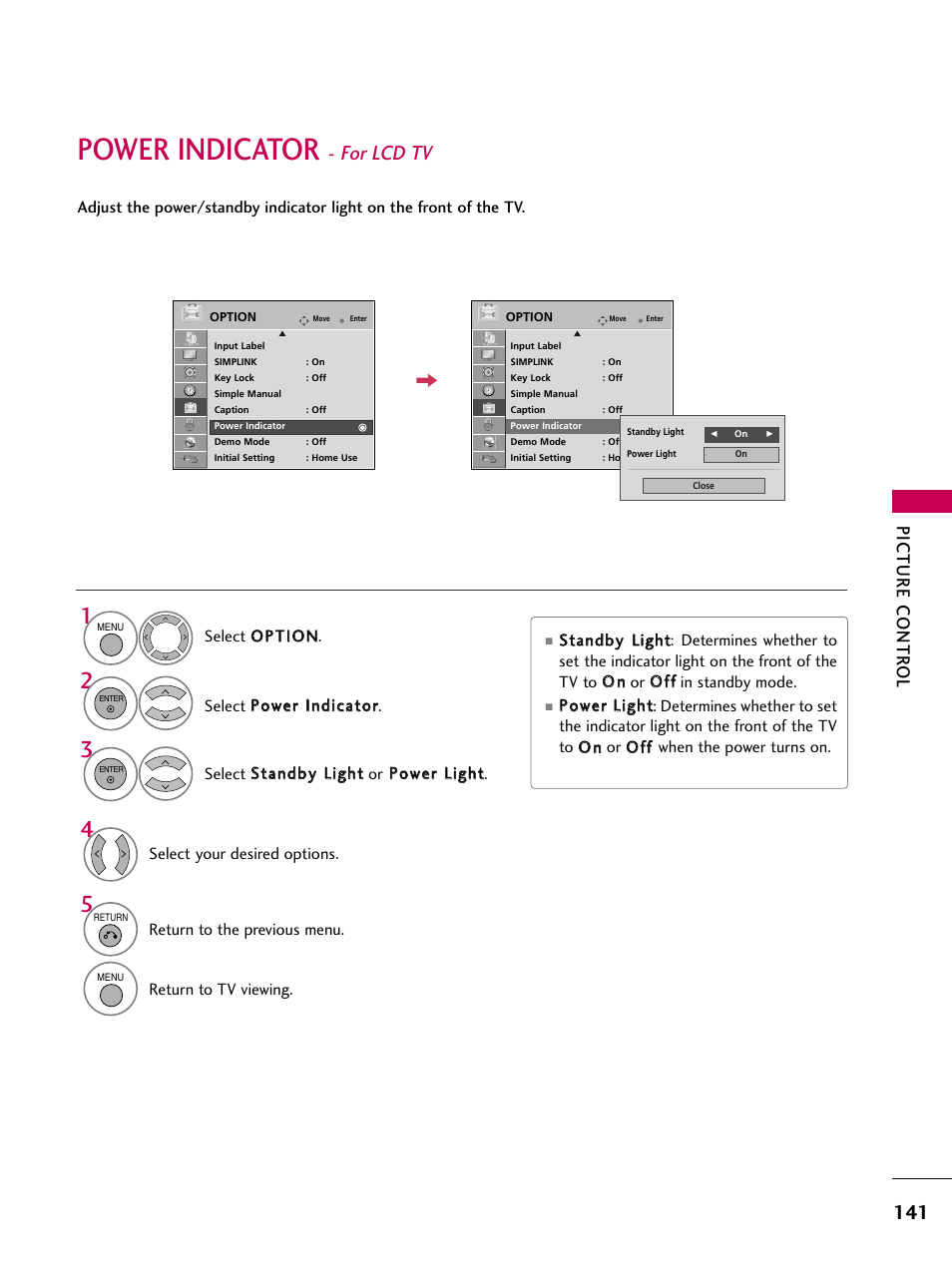 Power indicator, For lcd tv, Picture contr ol | LG 47LH50 User Manual | Page 141 / 194