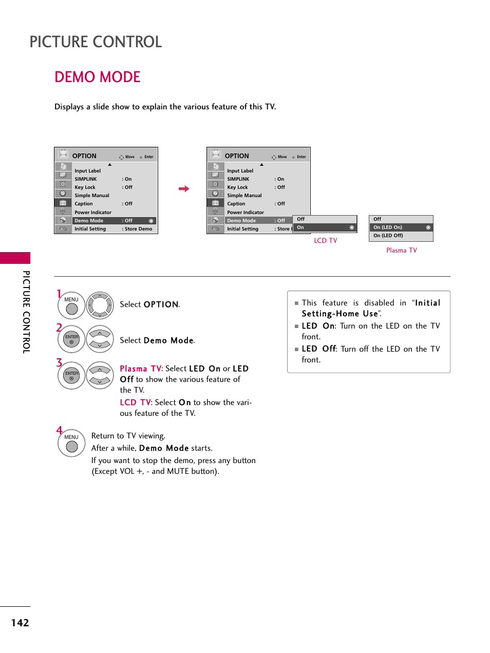 Demo mode, Picture control, Picture contr ol | LG 47LH50 User Manual | Page 142 / 194