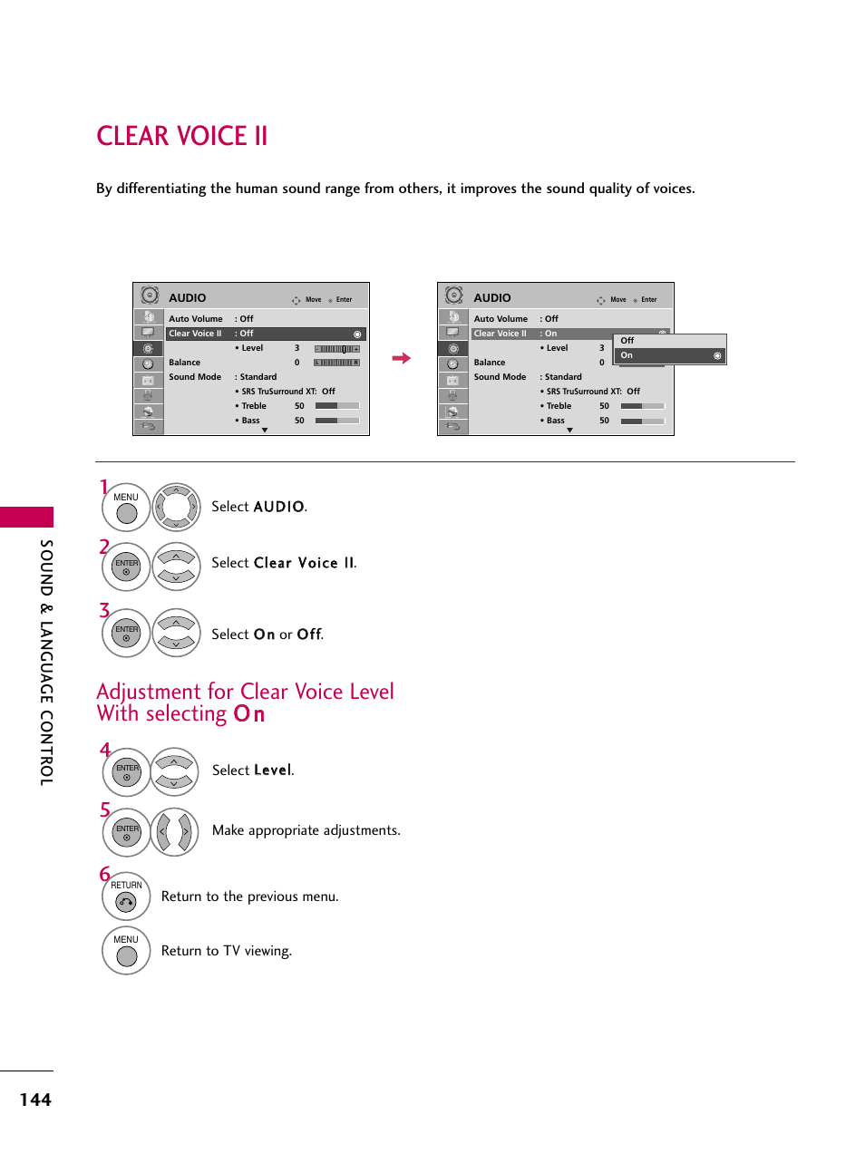 Clear voice ii, Sound & langu a ge contr ol | LG 47LH50 User Manual | Page 144 / 194