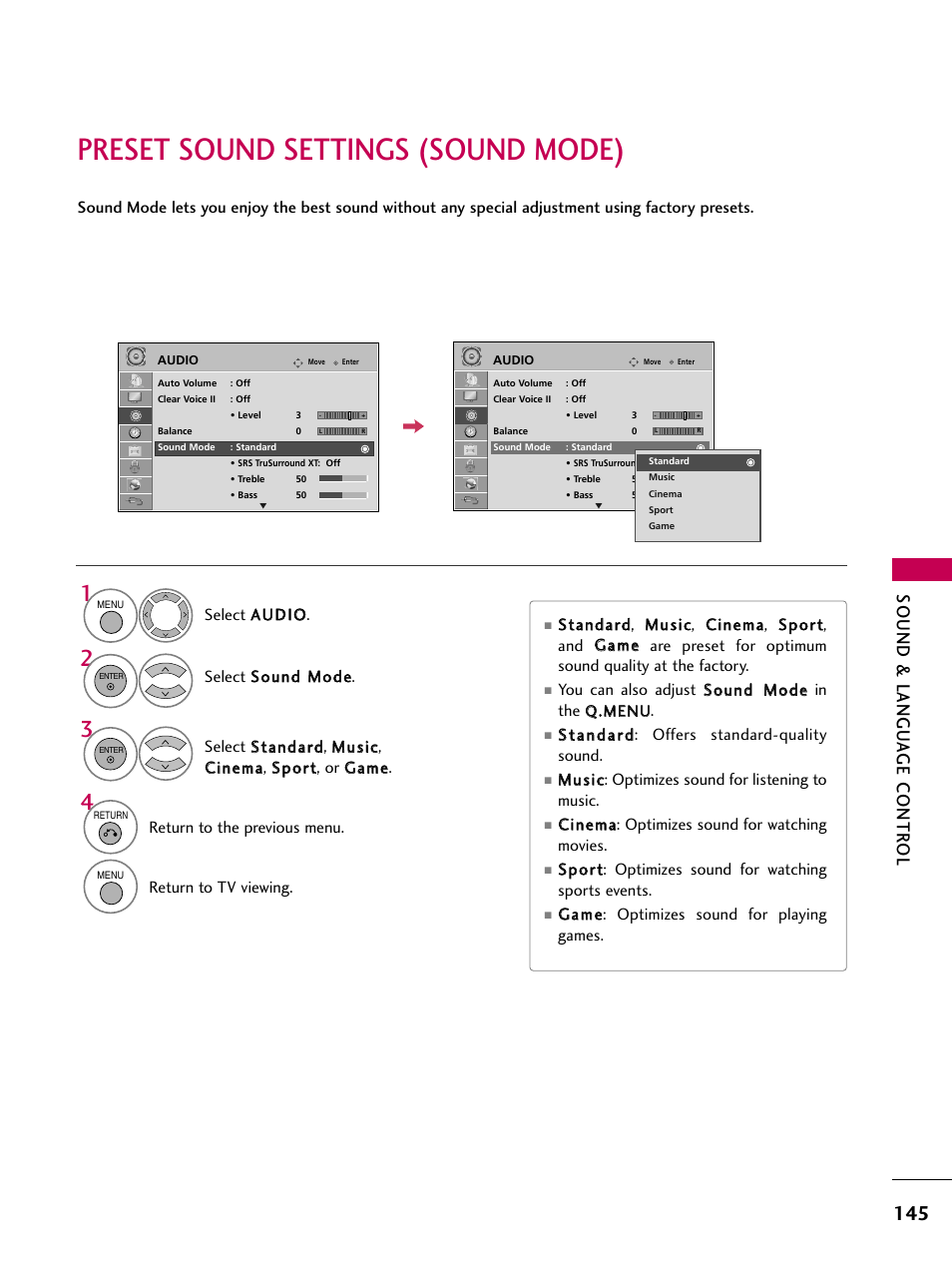 Preset sound settings (sound mode), Sound & langu a ge contr ol | LG 47LH50 User Manual | Page 145 / 194