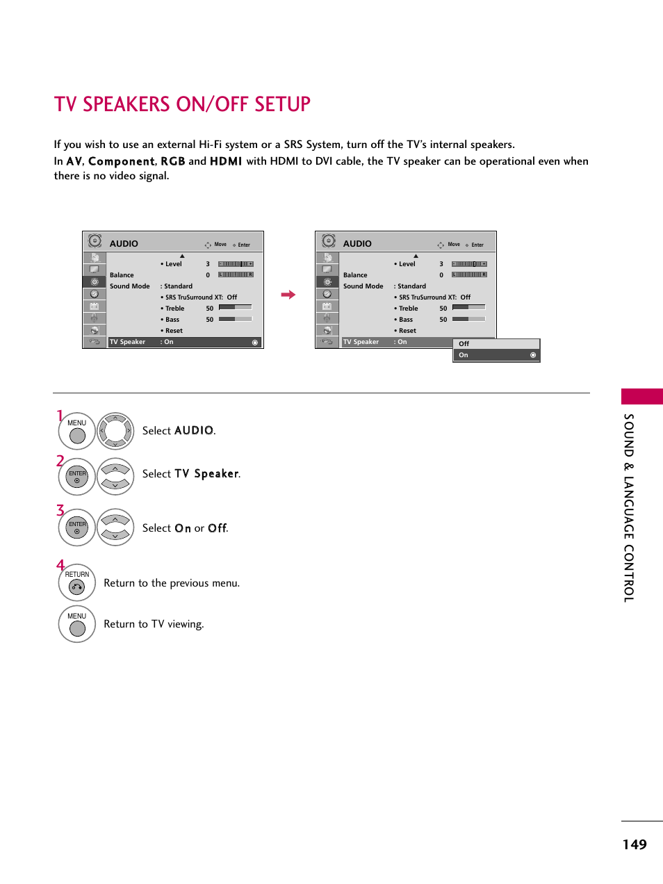 Tv speakers on/off setup, Sound & langu a ge contr ol | LG 47LH50 User Manual | Page 149 / 194