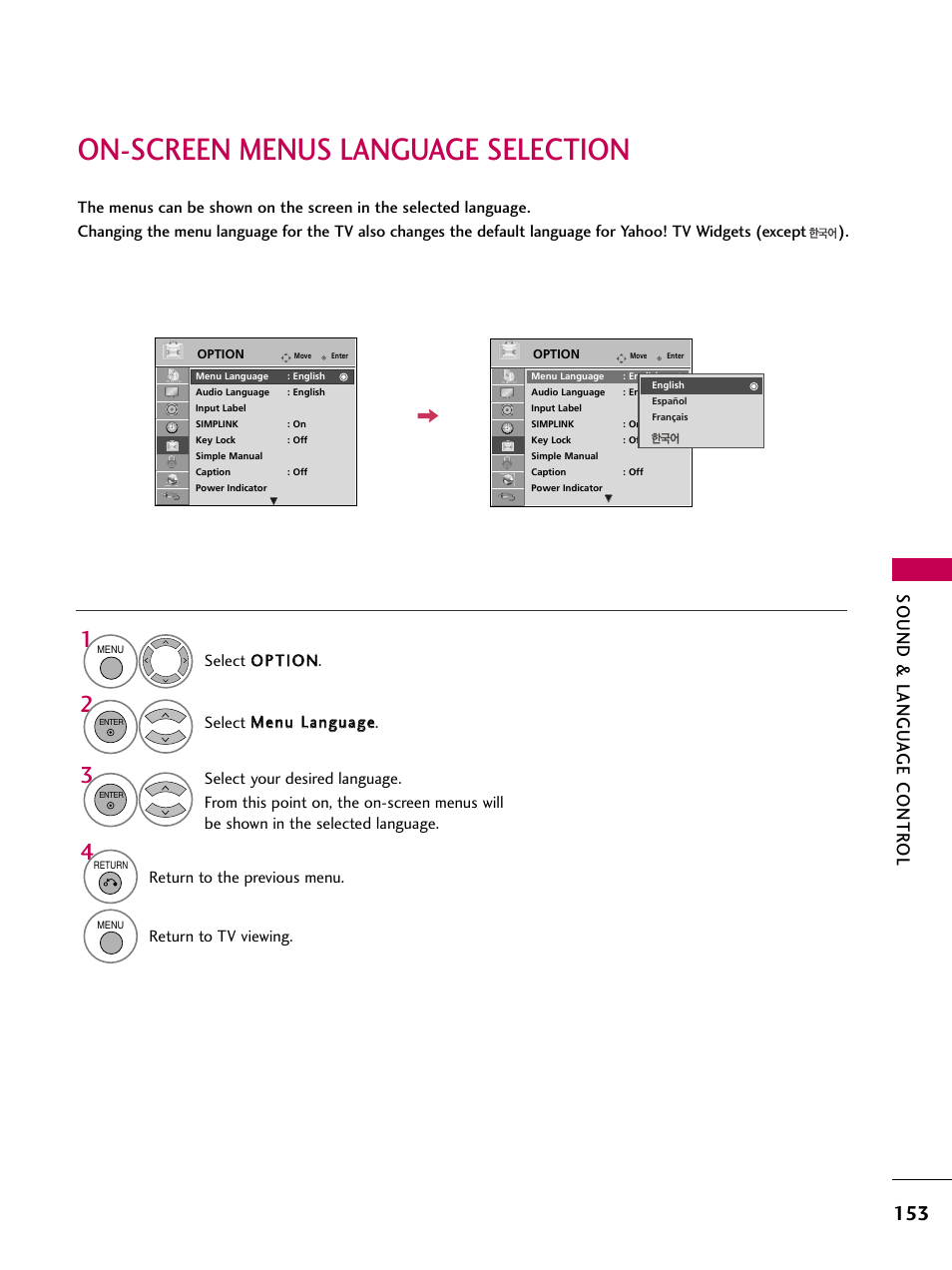 On-screen menus language selection, Sound & langu a ge contr ol, Return to the previous menu | Return to tv viewing | LG 47LH50 User Manual | Page 153 / 194