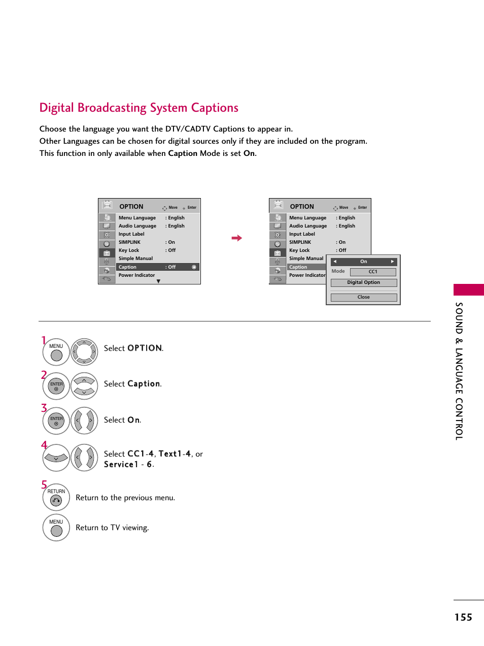 Digital broadcasting system captions, Sound & langu a ge contr ol | LG 47LH50 User Manual | Page 155 / 194