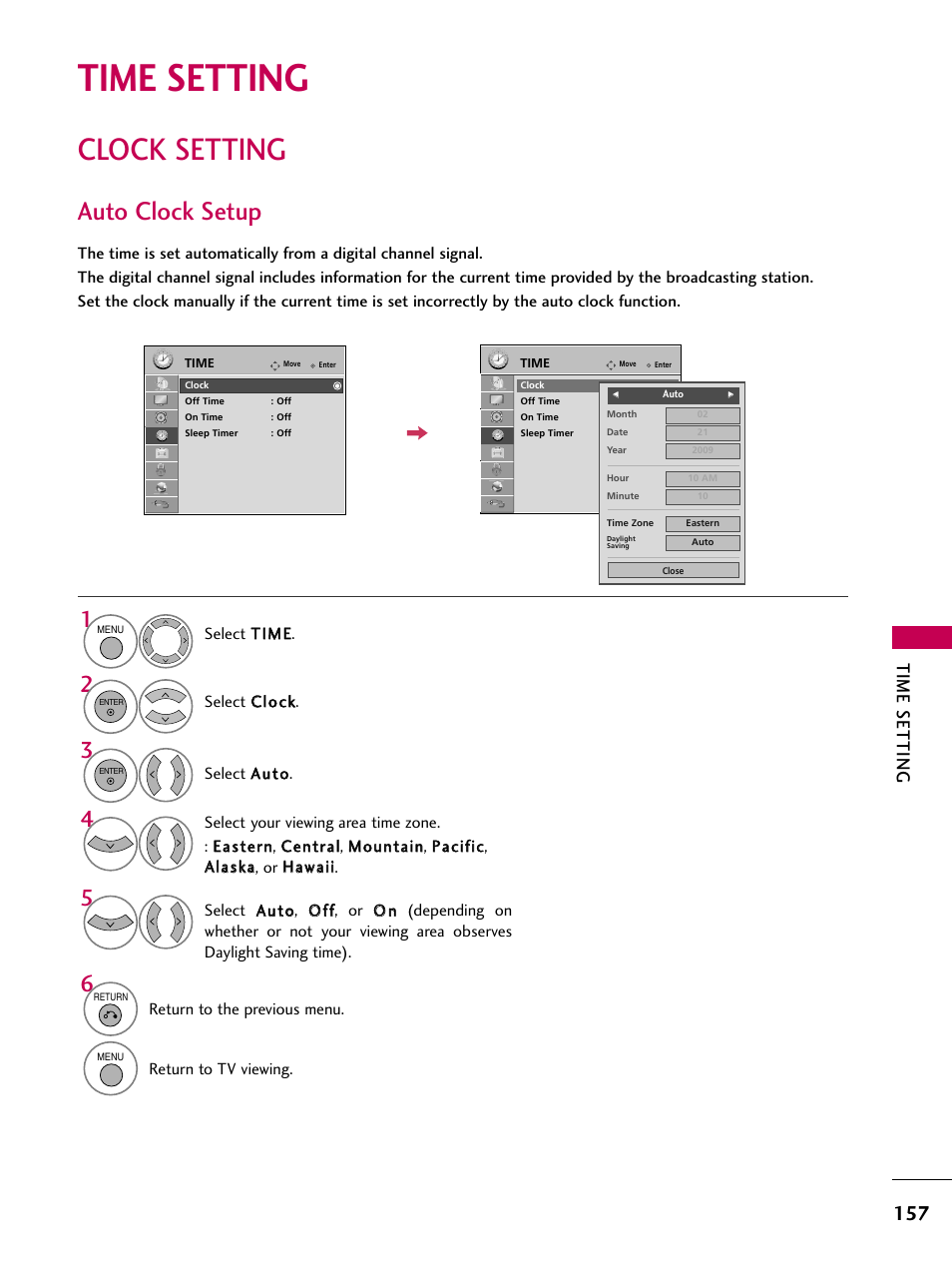 Time setting, Clock setting, Auto clock setup | LG 47LH50 User Manual | Page 157 / 194