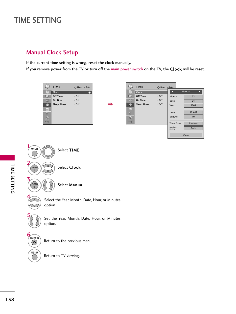 Manual clock setup, Time setting | LG 47LH50 User Manual | Page 158 / 194