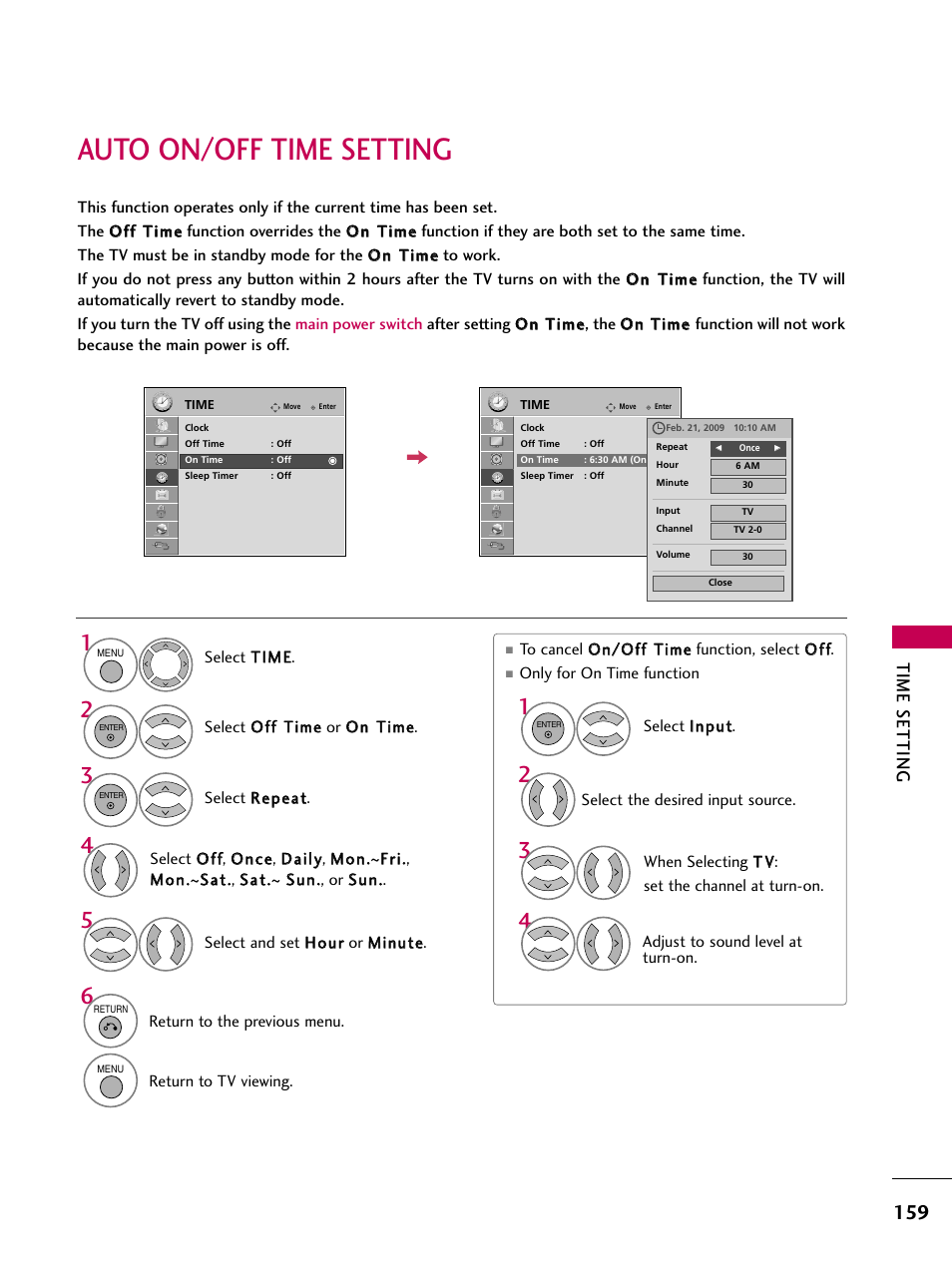 Auto on/off time setting, Time setting | LG 47LH50 User Manual | Page 159 / 194