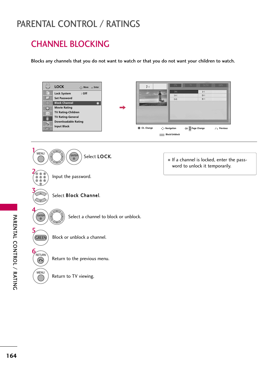 Channel blocking, Parental control / ratings, Parent al contr ol / r ating | LG 47LH50 User Manual | Page 164 / 194