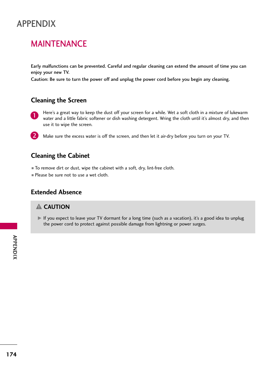 Maintenance, Appendix, Cleaning the screen | Cleaning the cabinet, Extended absence | LG 47LH50 User Manual | Page 174 / 194