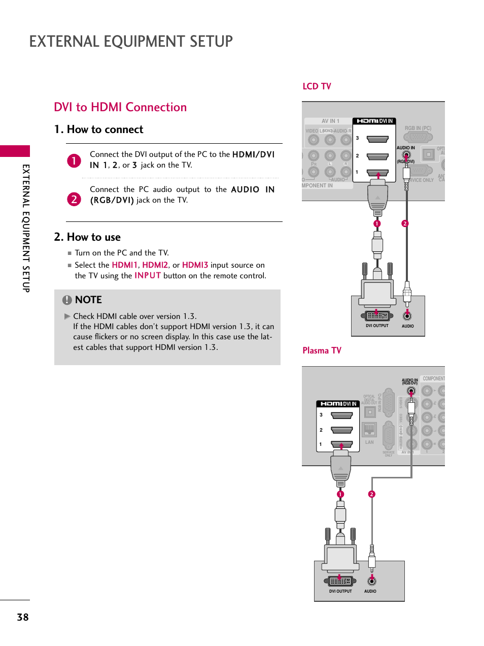 Dvi to hdmi connection, External equipment setup, How to connect 2. how to use | External eq uipment setup, Lcd tv plasma tv, Turn on the pc and the tv | LG 47LH50 User Manual | Page 38 / 194