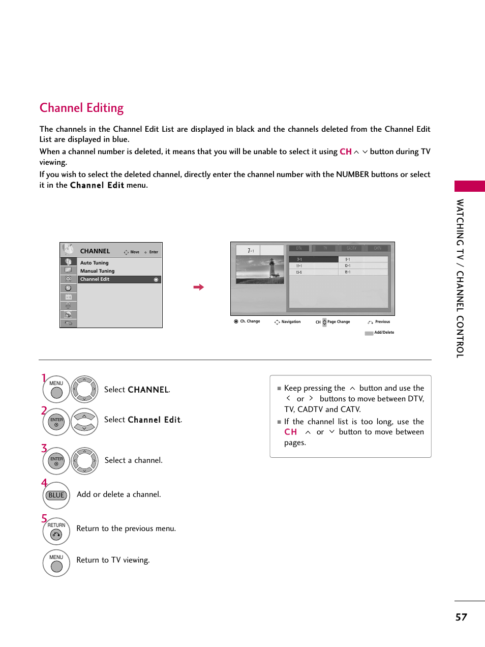 Channel editing, Watching tv / channel contr ol | LG 47LH50 User Manual | Page 57 / 194