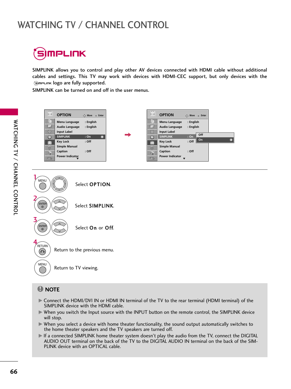 Simplink, Watching tv / channel control, Watching tv / channel contr ol | LG 47LH50 User Manual | Page 66 / 194