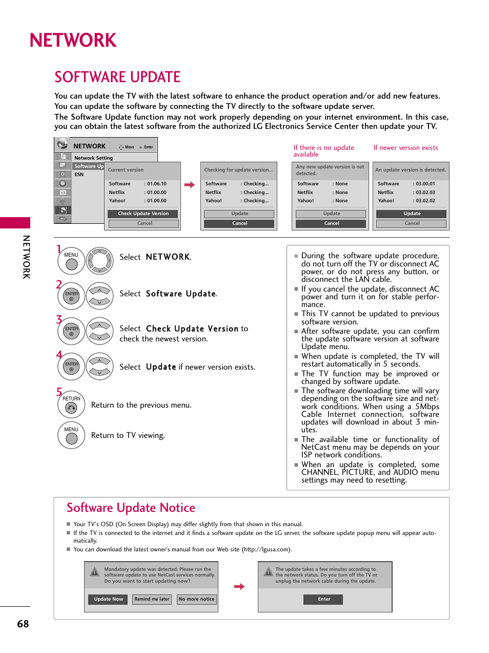 Network, Software update, Software update notice | Netw ork | LG 47LH50 User Manual | Page 68 / 194