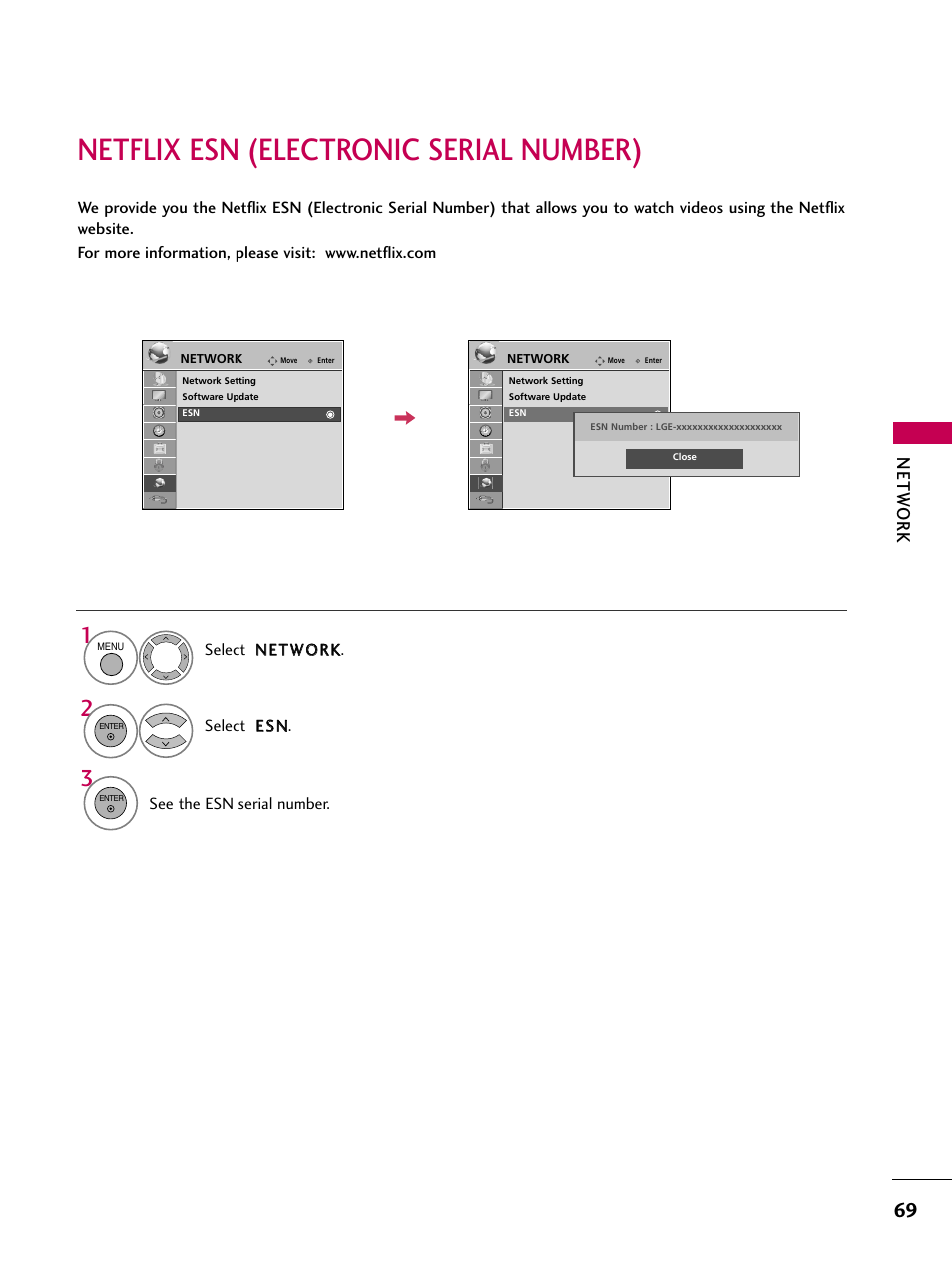 Netflix esn (electronic serial number), Netw ork | LG 47LH50 User Manual | Page 69 / 194
