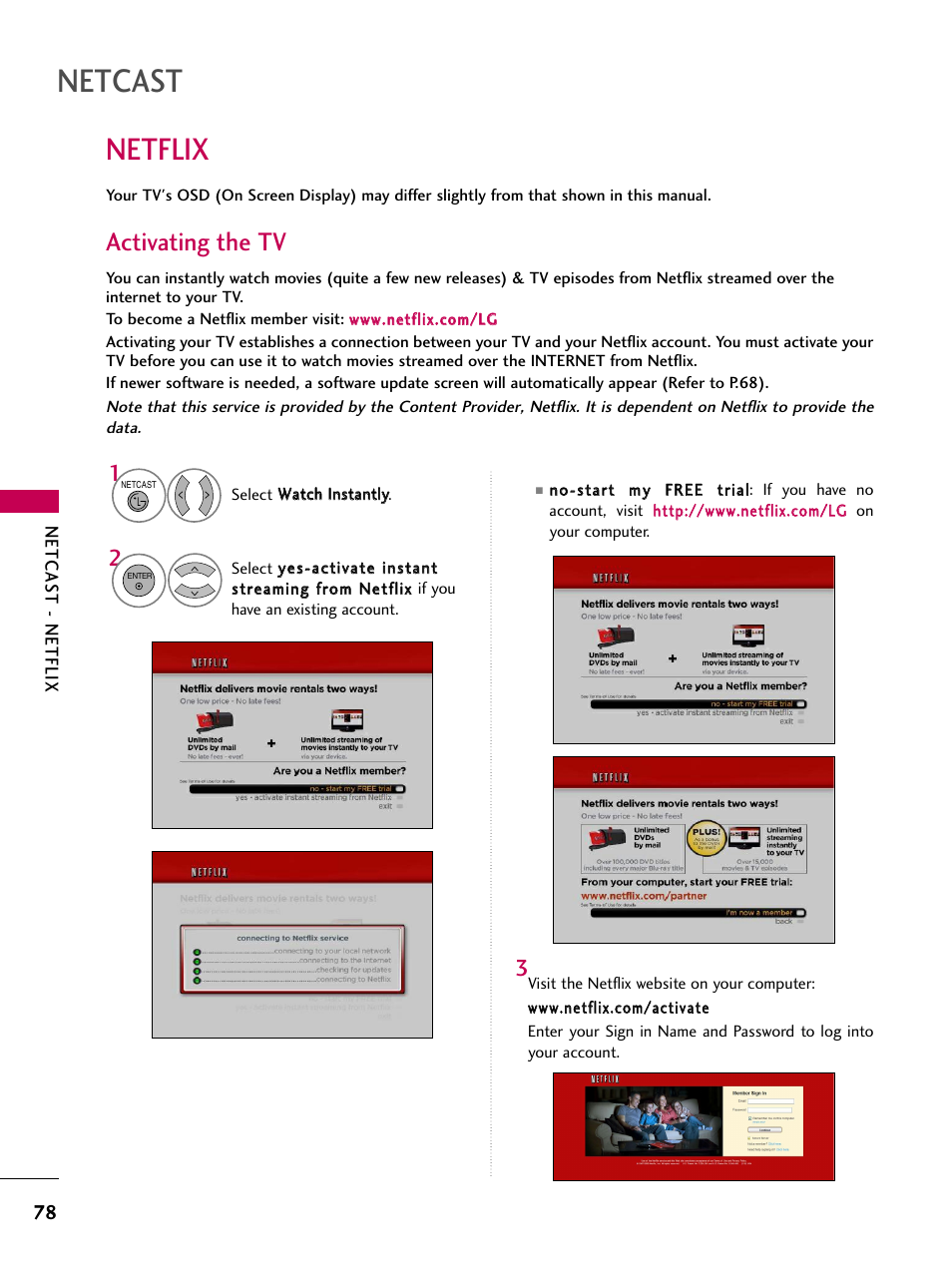 Netflix, Activating the tv, Netcast | LG 47LH50 User Manual | Page 78 / 194