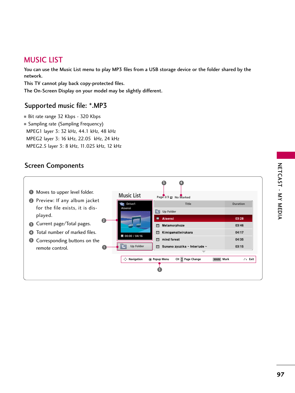 Music list, Supported music file: *.mp3, Screen components | Supported music file: *.mp3 screen components, Netcas t - my media | LG 47LH50 User Manual | Page 97 / 194