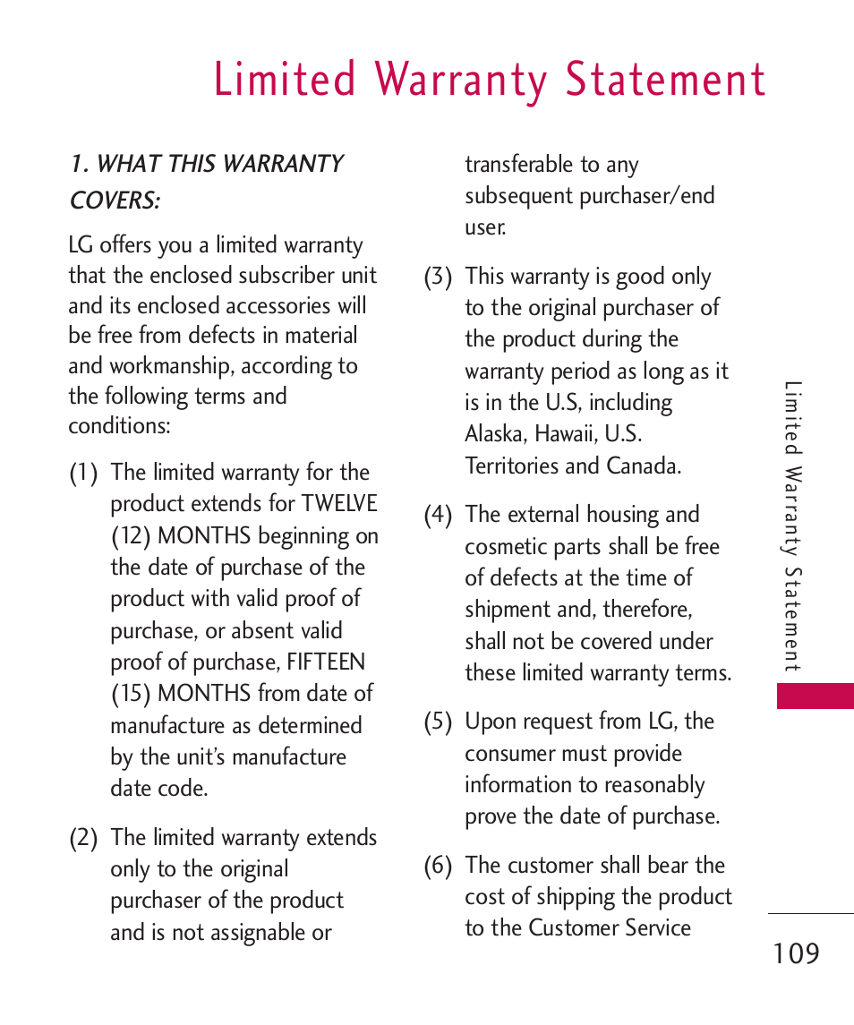 Limited warranty statement | LG LG370 User Manual | Page 111 / 119