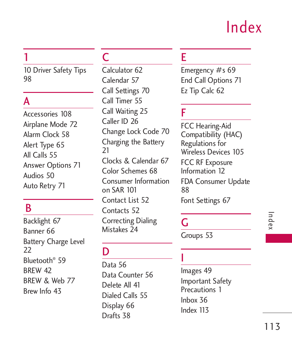 Index | LG LG370 User Manual | Page 115 / 119