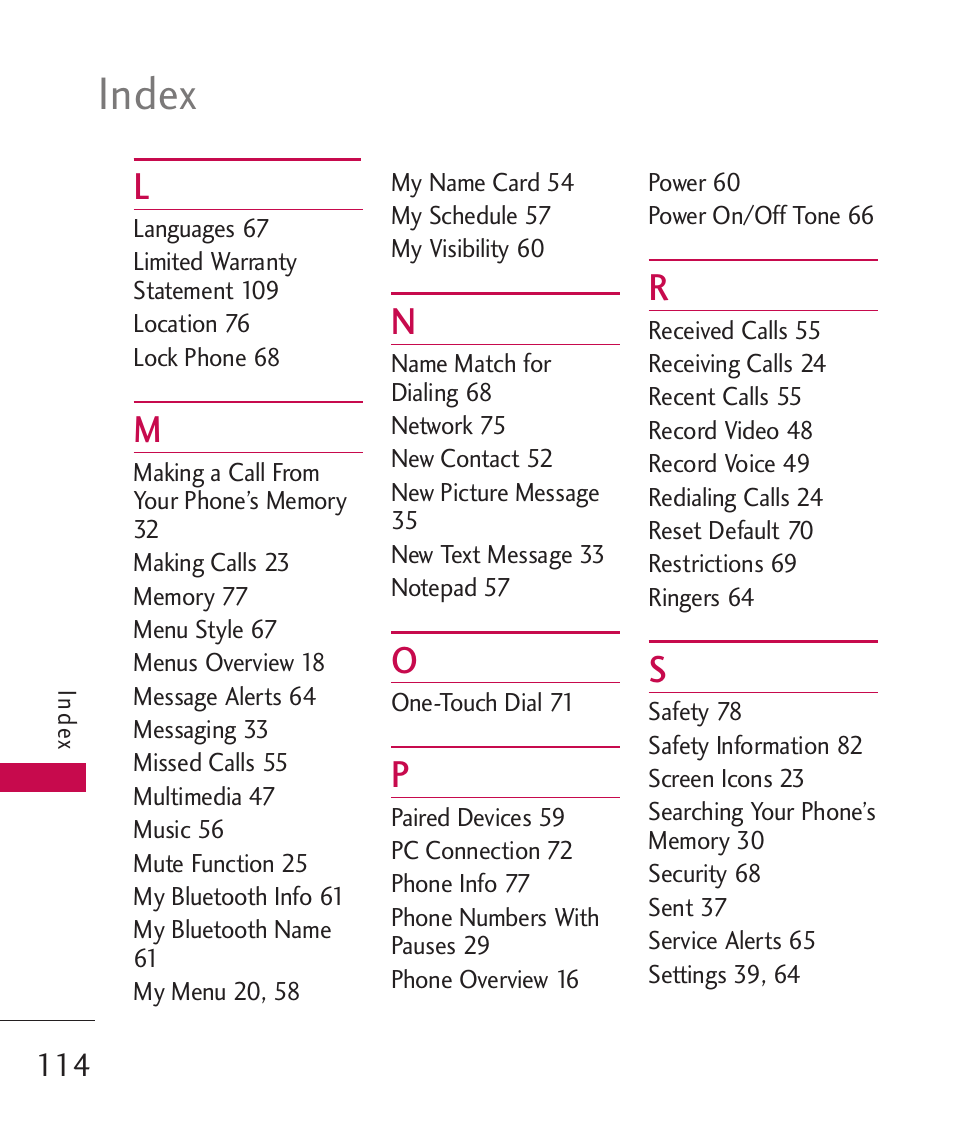 Index | LG LG370 User Manual | Page 116 / 119