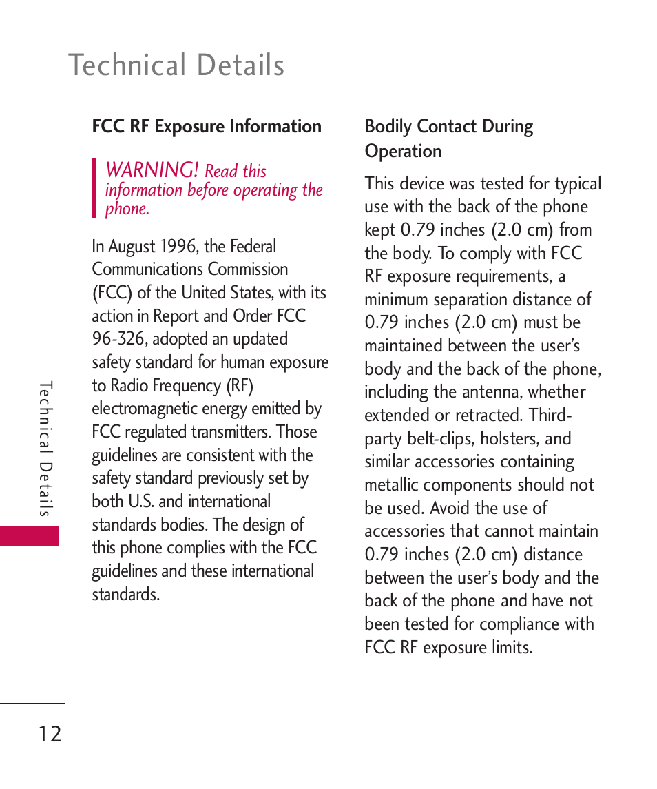 Fcc rf exposure information, Technical details, Warning | LG LG370 User Manual | Page 14 / 119
