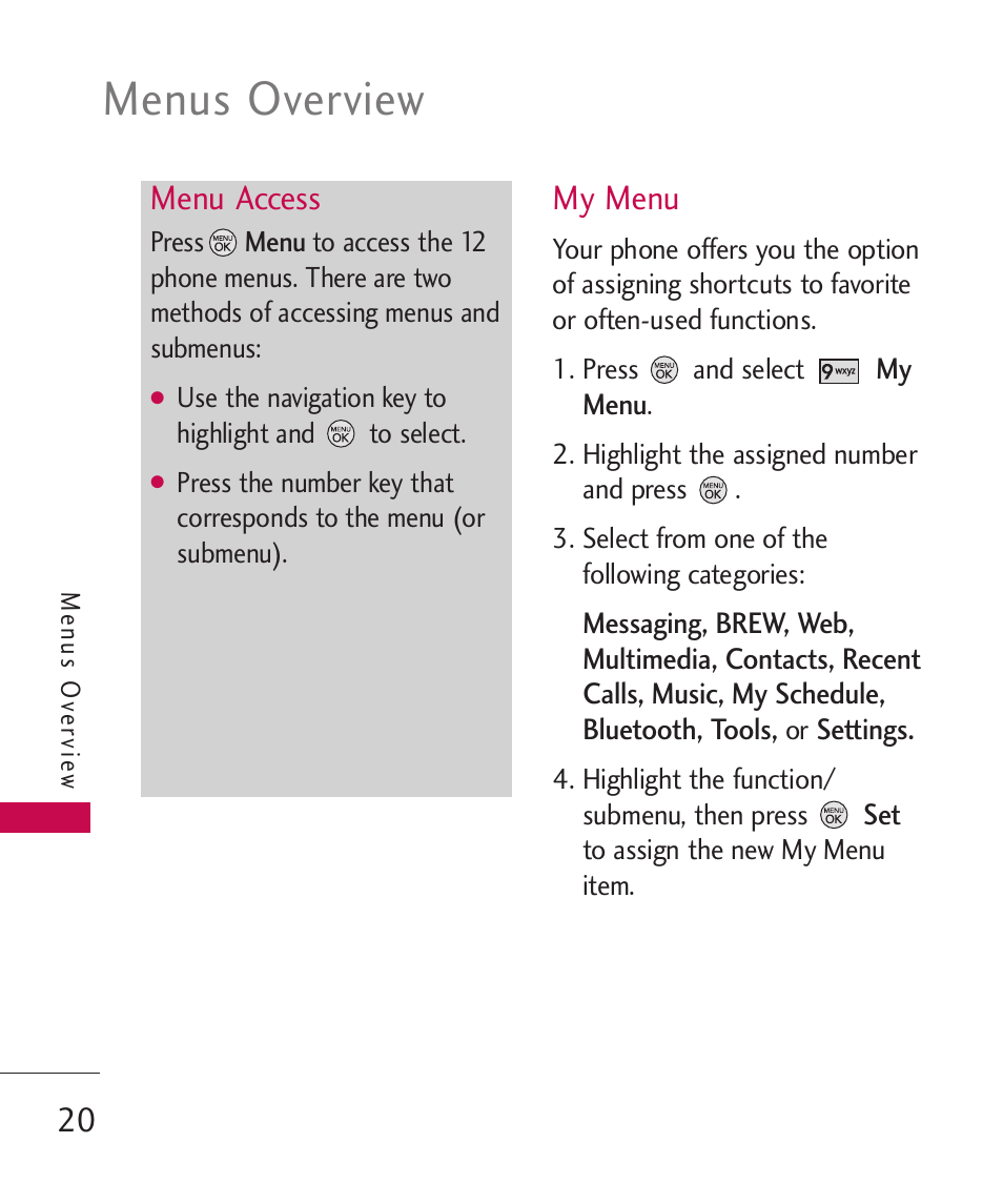 Menu access, My menu, Menus overview | LG LG370 User Manual | Page 22 / 119