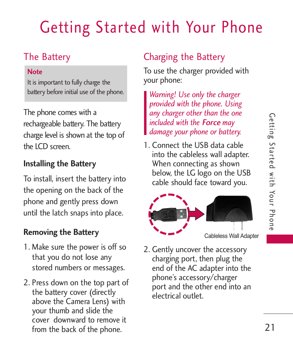 Getting started with your phone, The battery, Installing the battery | Removing the battery, Charging the battery | LG LG370 User Manual | Page 23 / 119