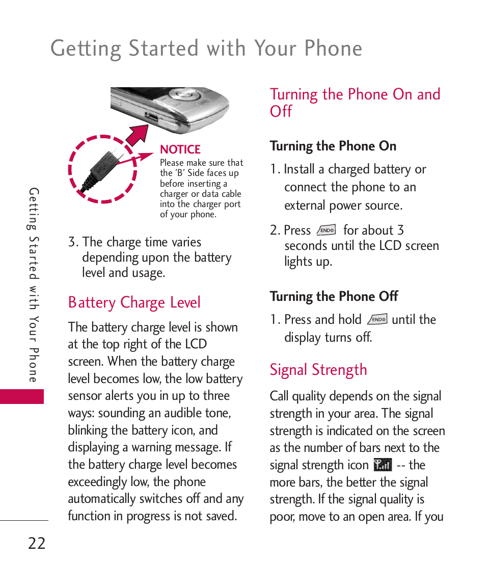 Battery charge level, Turning the phone on and off 22, Turning the phone on | Turning the phone off, Signal strength, Getting started with your phone, Turning the phone on and off | LG LG370 User Manual | Page 24 / 119