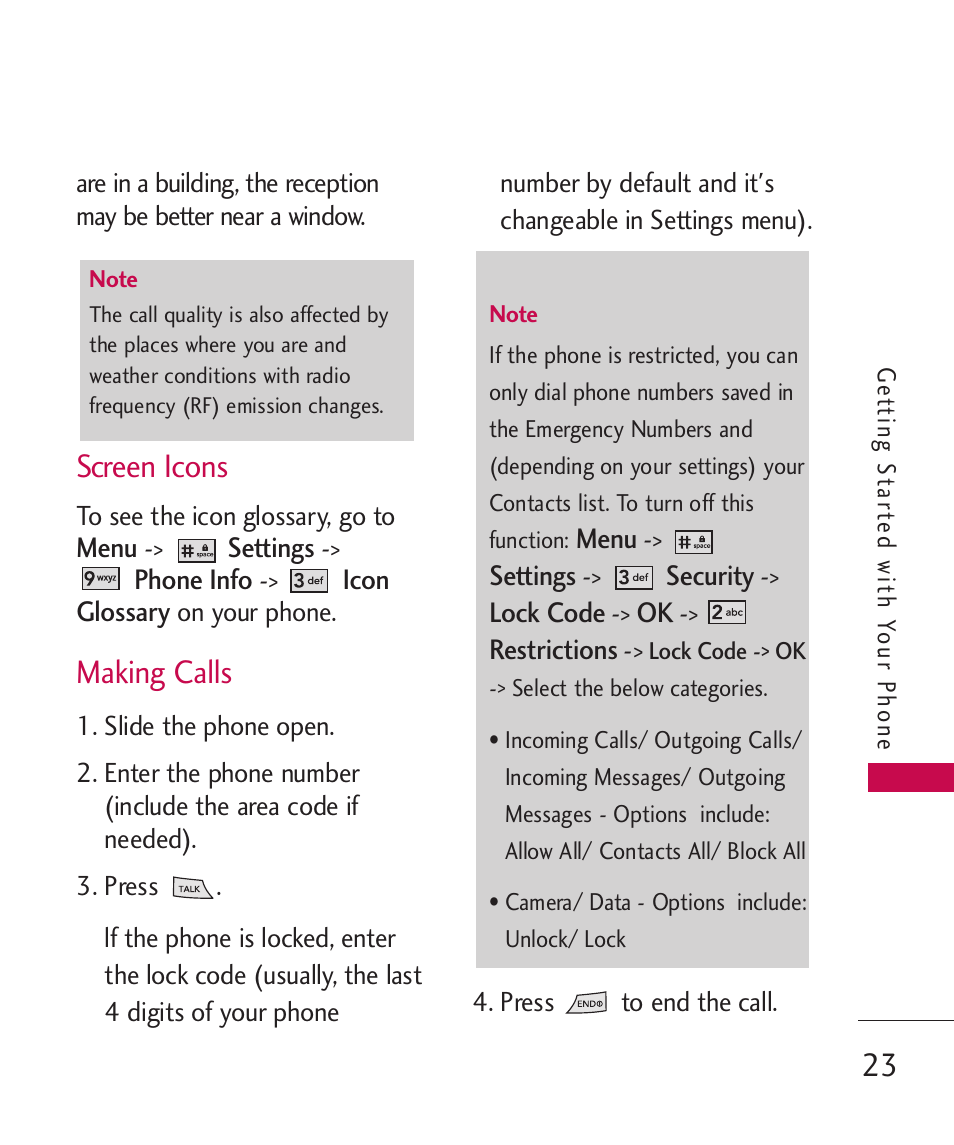 Screen icons, Making calls | LG LG370 User Manual | Page 25 / 119