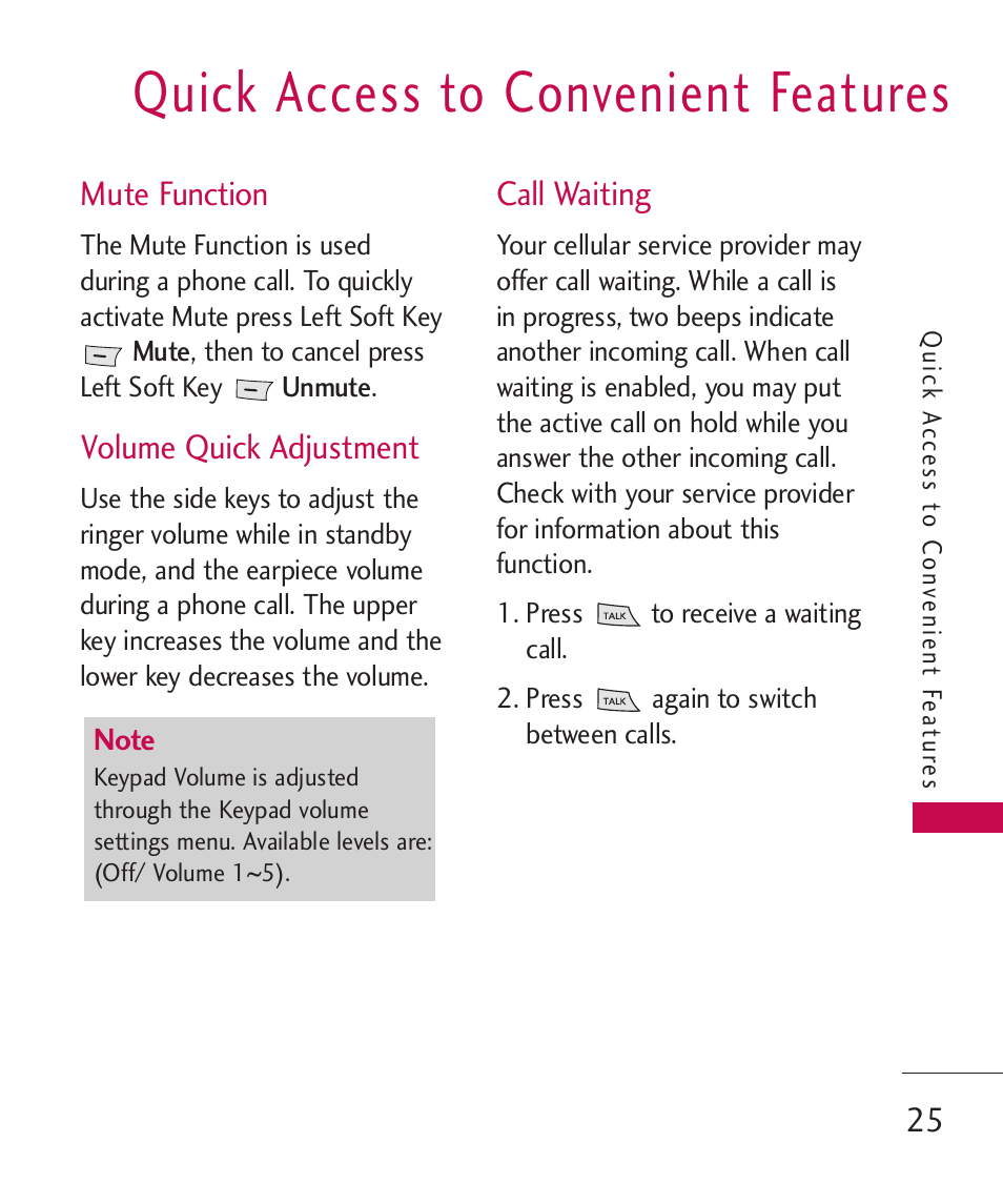 Quick access to convenient features, Mute function, Volume quick adjustment | Call waiting | LG LG370 User Manual | Page 27 / 119