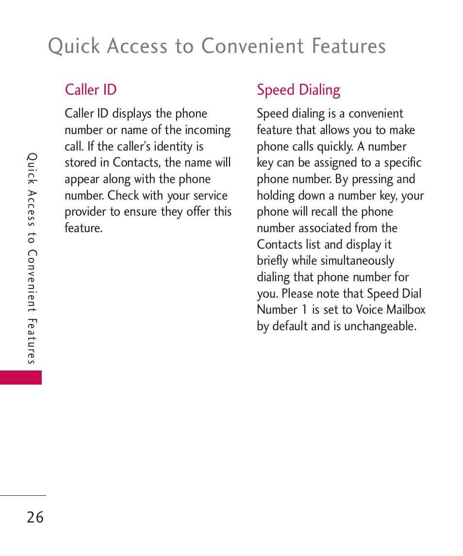 Caller id, Speed dialing, Quick access to convenient features | LG LG370 User Manual | Page 28 / 119