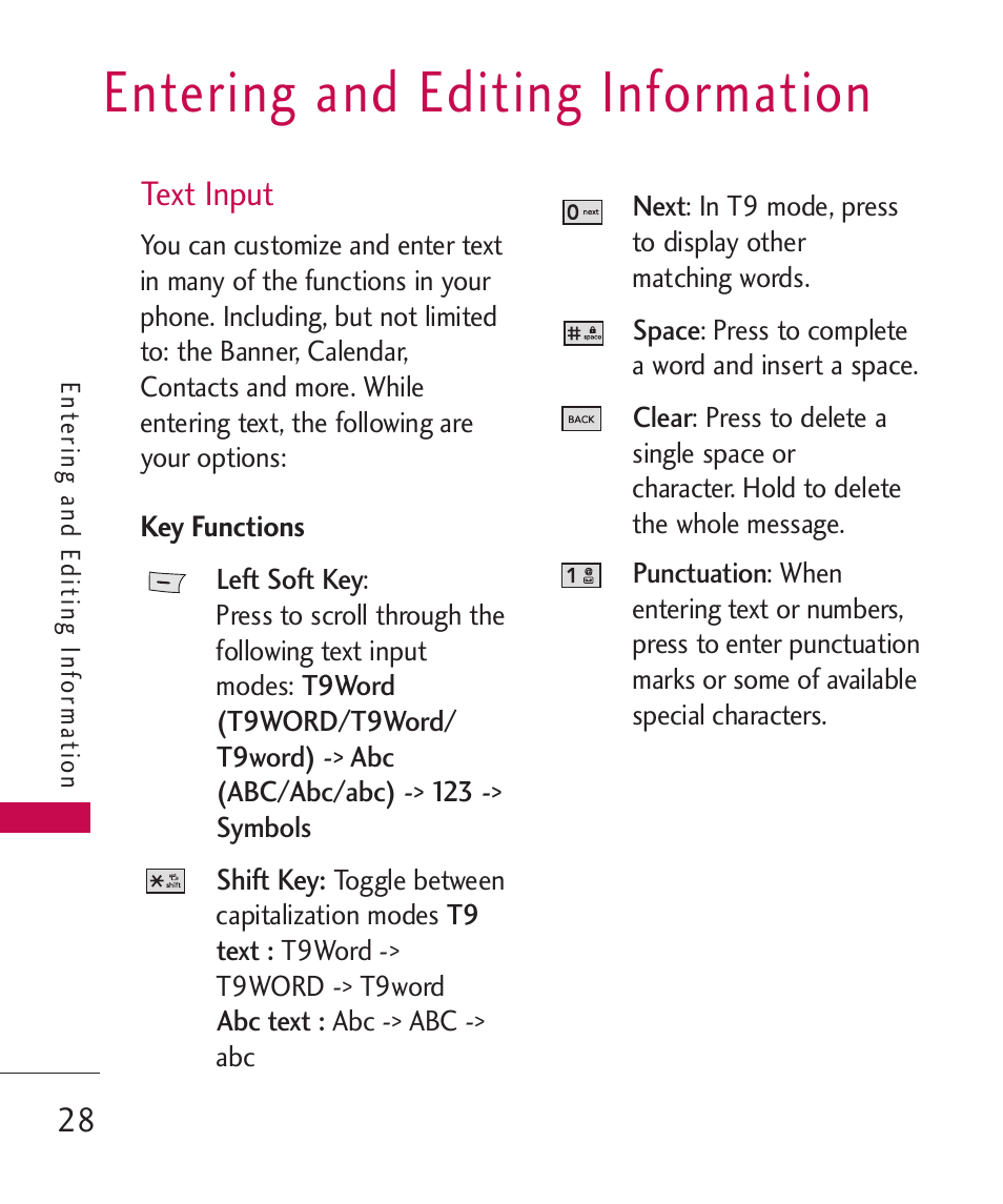Entering and editing information, Text input, Key functions | LG LG370 User Manual | Page 30 / 119