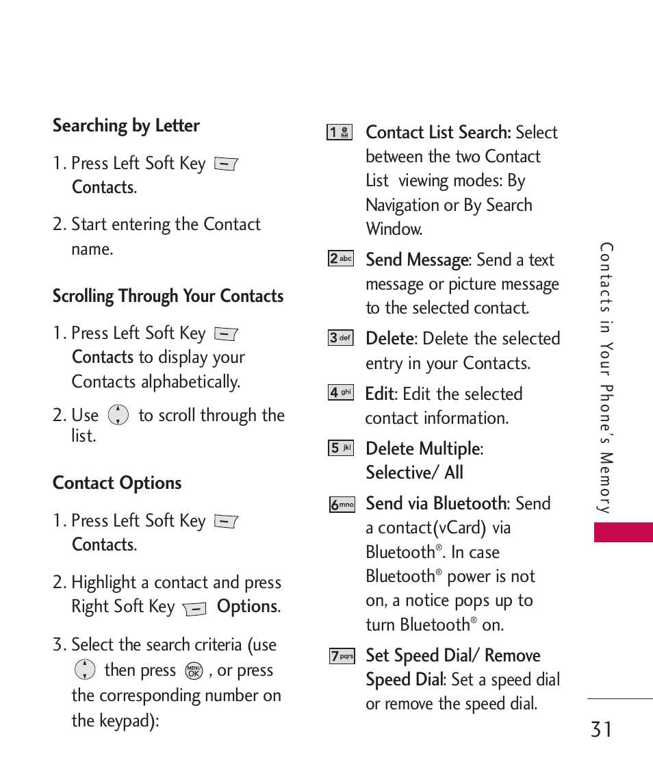Searching by letter, Scrolling through your contacts 31, Contact options | LG LG370 User Manual | Page 33 / 119