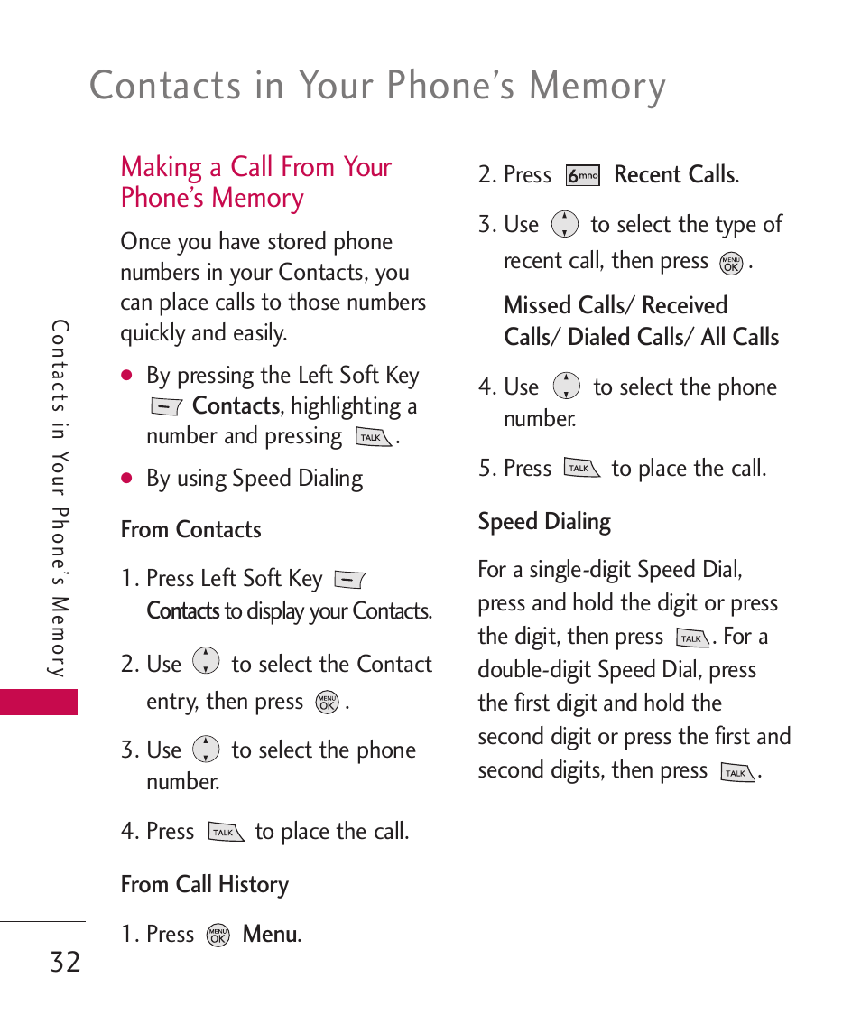 Making a call from your phone’s memory | LG LG370 User Manual | Page 34 / 119