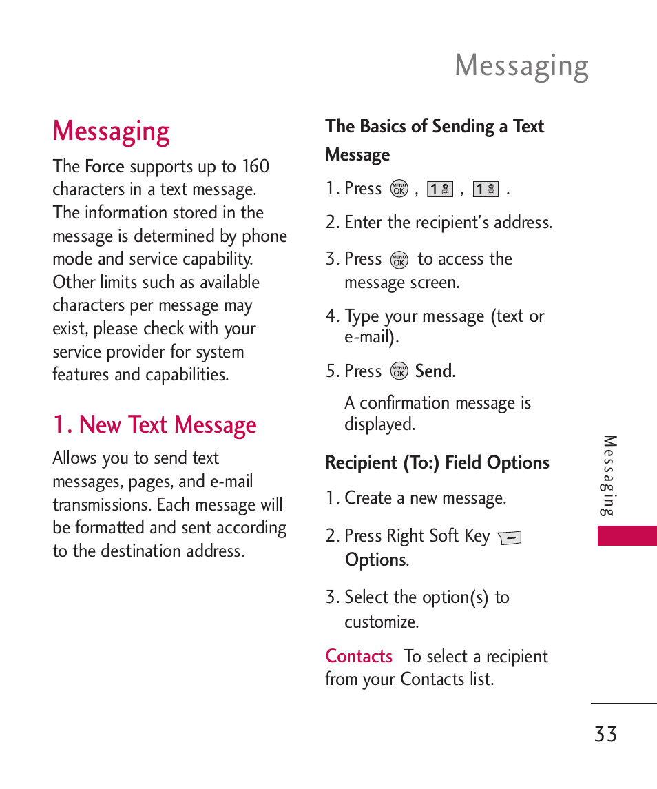 Messaging, New text message | LG LG370 User Manual | Page 35 / 119