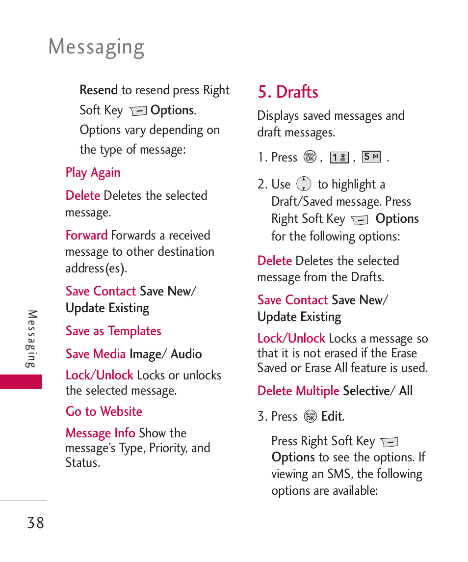 Drafts, Messaging | LG LG370 User Manual | Page 40 / 119