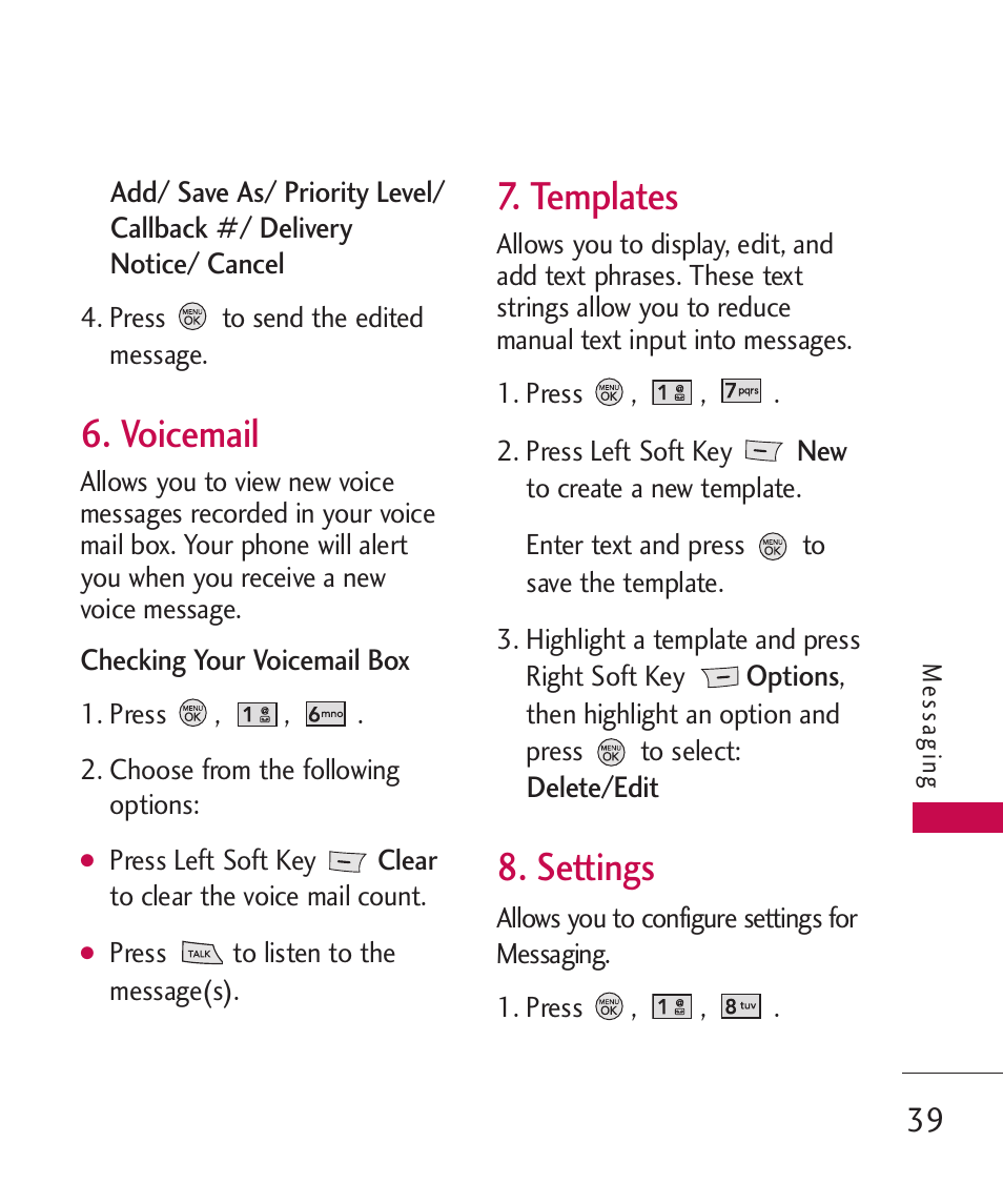 Voicemail, Templates, Settings | LG LG370 User Manual | Page 41 / 119