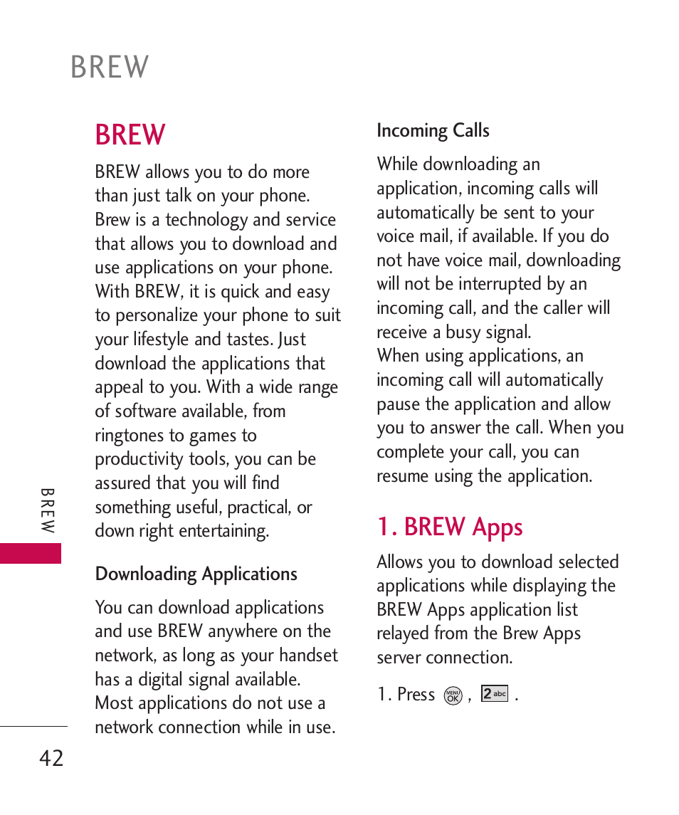 Brew, Brew apps | LG LG370 User Manual | Page 44 / 119
