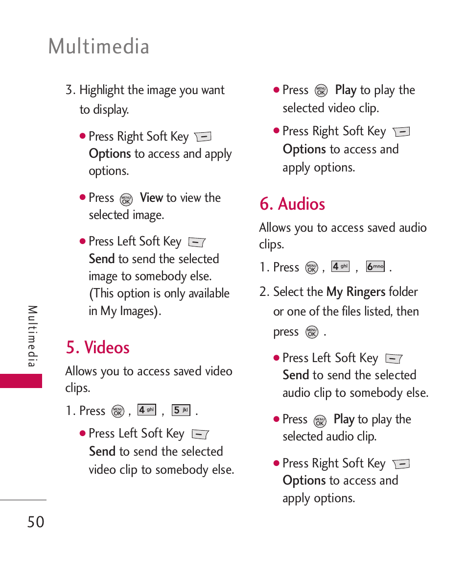 Videos, Audios, Multimedia | LG LG370 User Manual | Page 52 / 119