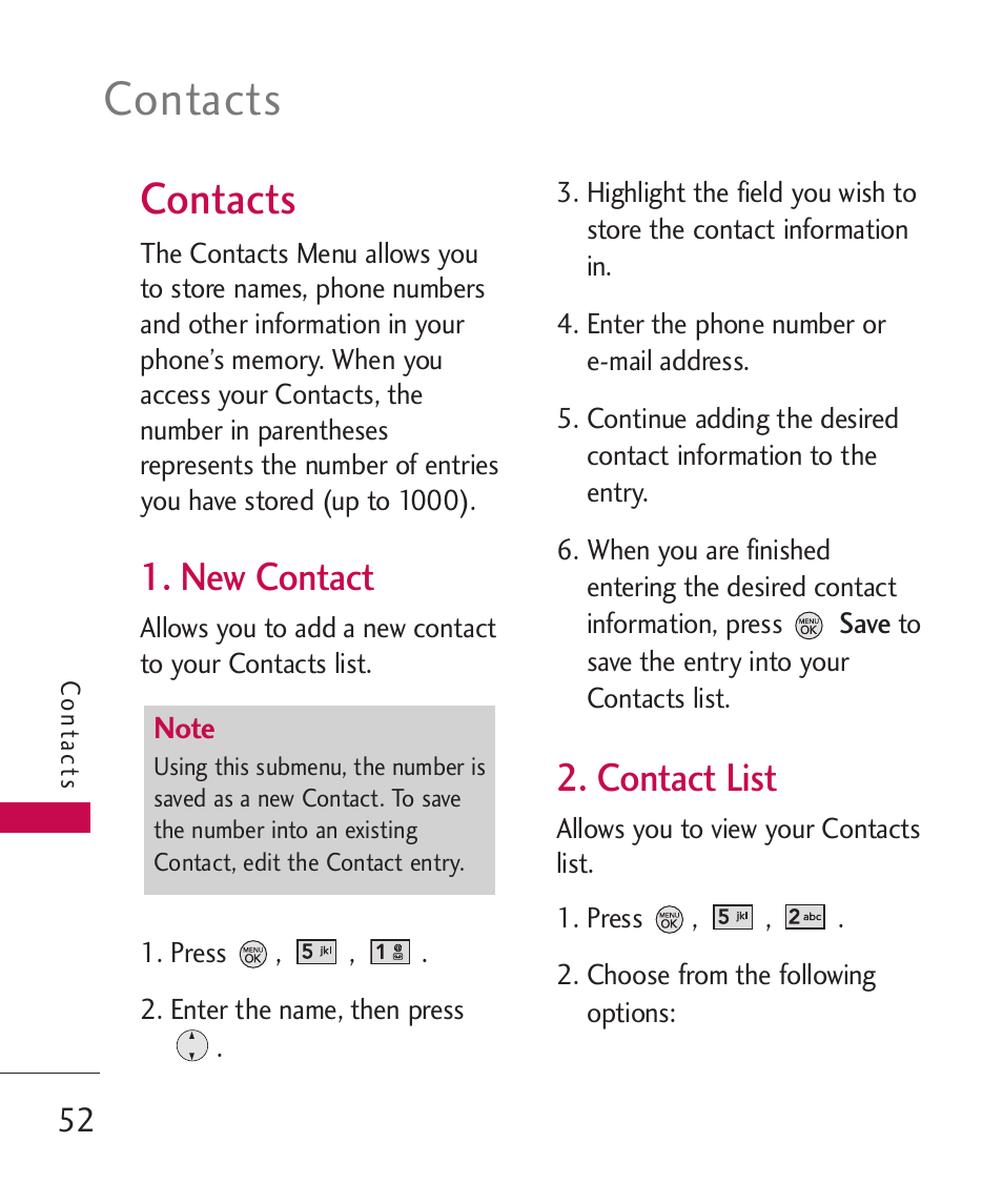 Contacts, New contact, Contact list | LG LG370 User Manual | Page 54 / 119