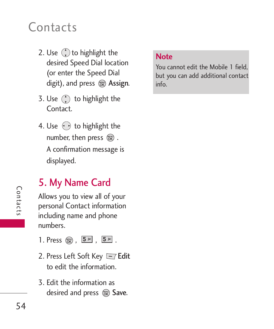 My name card, Contacts | LG LG370 User Manual | Page 56 / 119