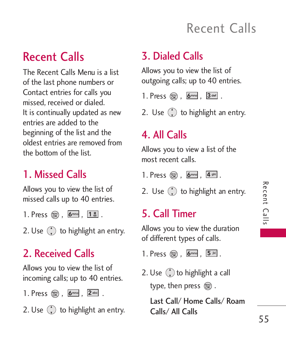 Recent calls, Missed calls, Received calls | Dialed calls, All calls, Call timer | LG LG370 User Manual | Page 57 / 119